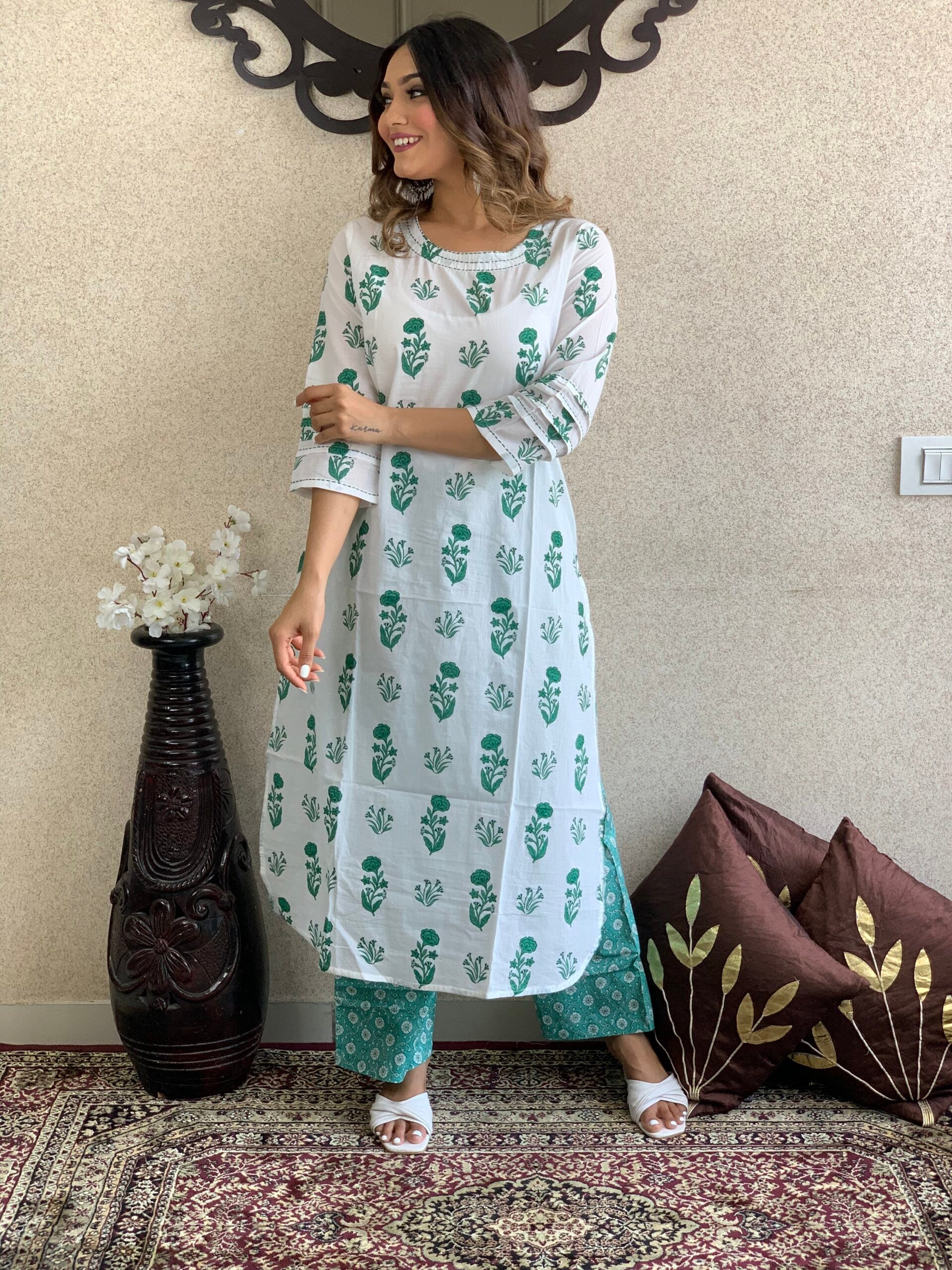 White Green Hand Block Print Cotton Kurta Pant Set