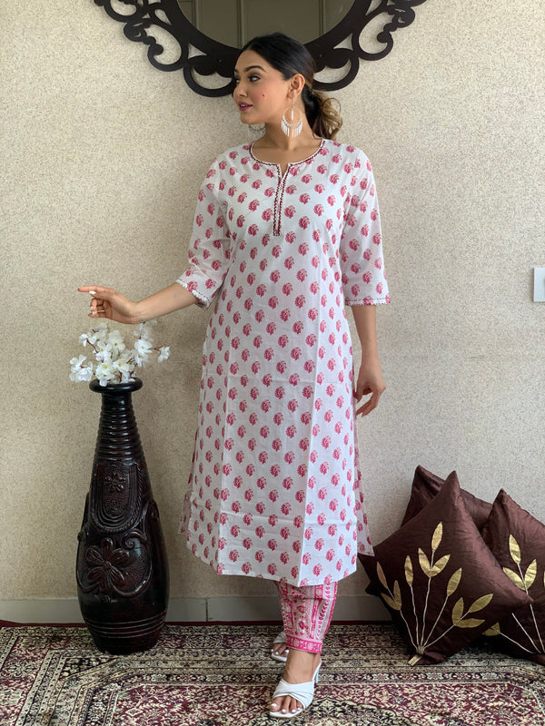 White Hand block  Print Kurta Pant Set