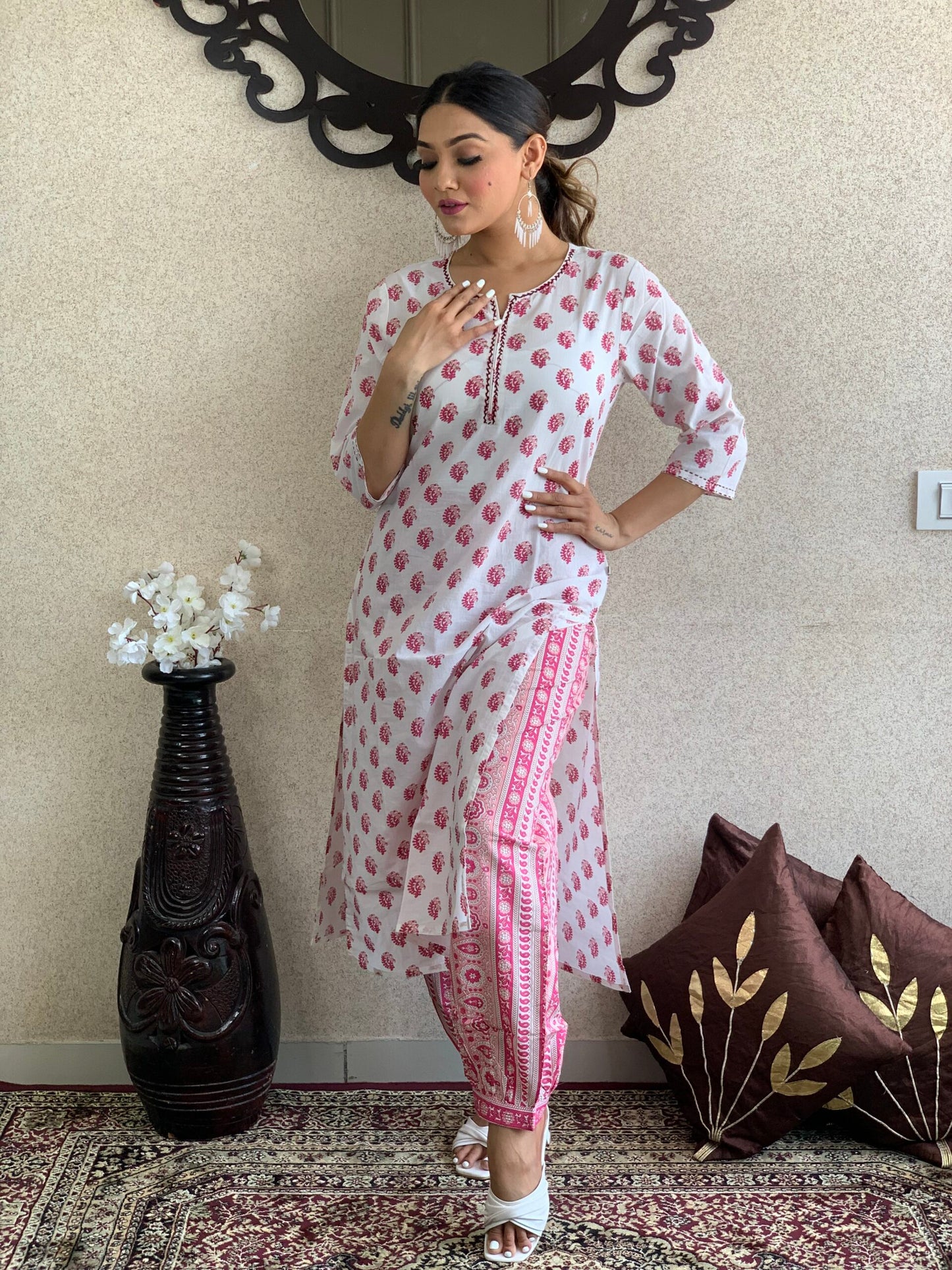 White Hand Block Kurta Set