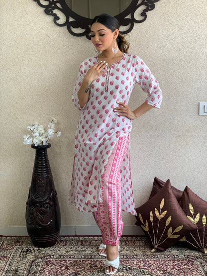 White Hand Block Kurta Set