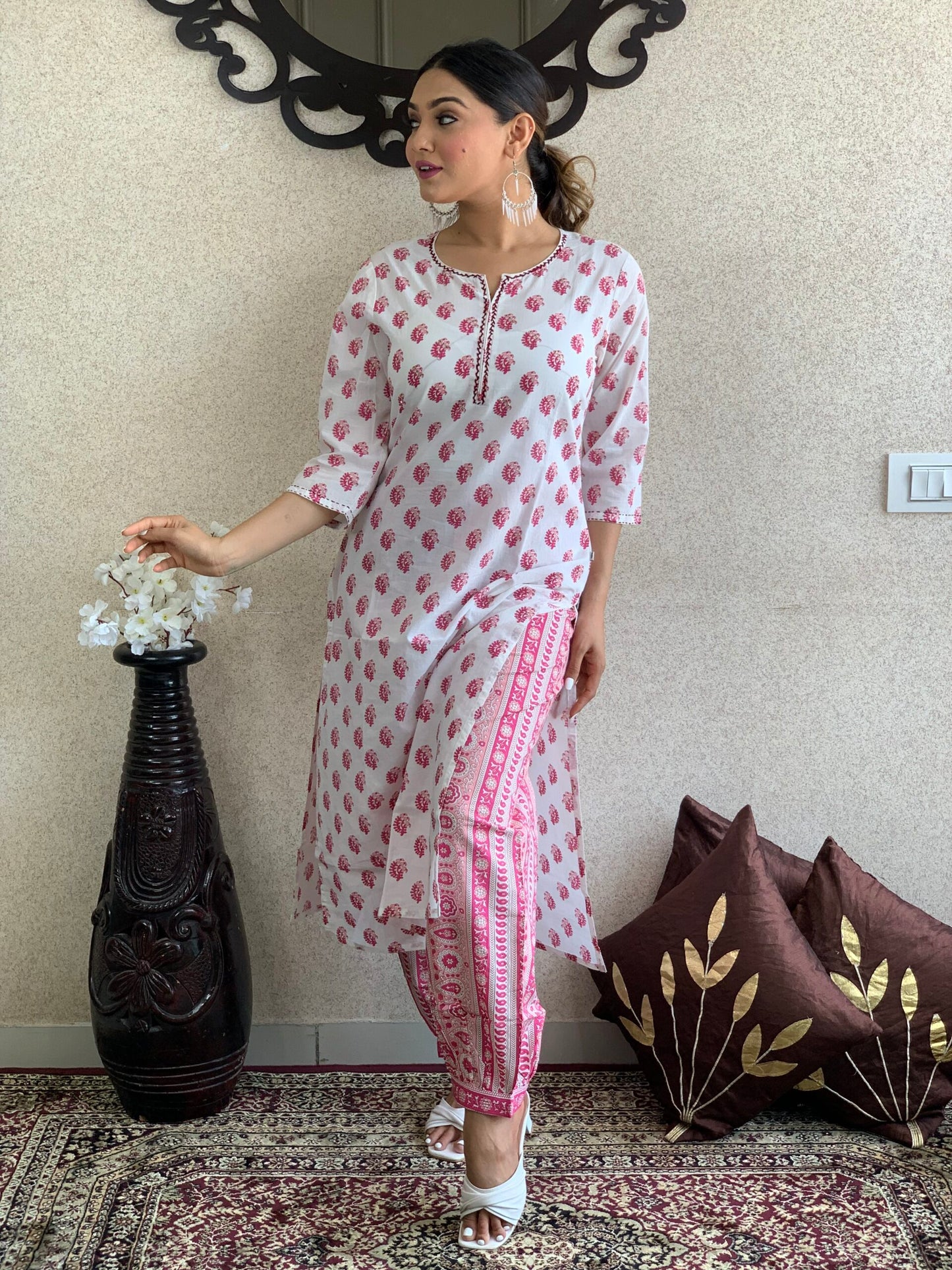 White Hand Block Kurta Set