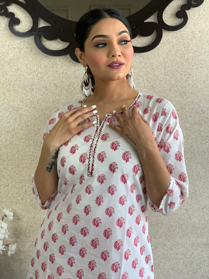 White Hand Block Kurta Set