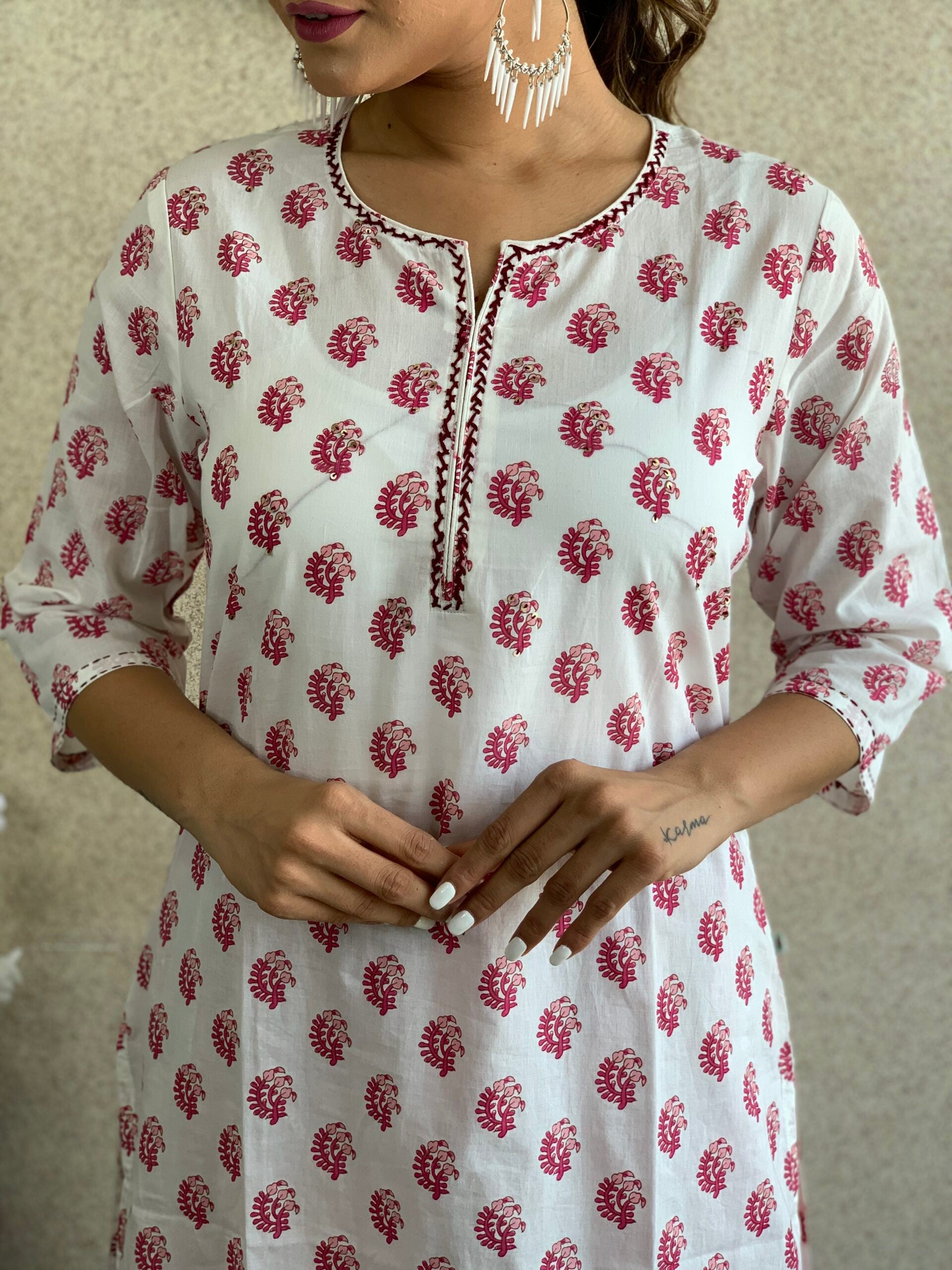 White Hand block  Print Kurta Pant Set