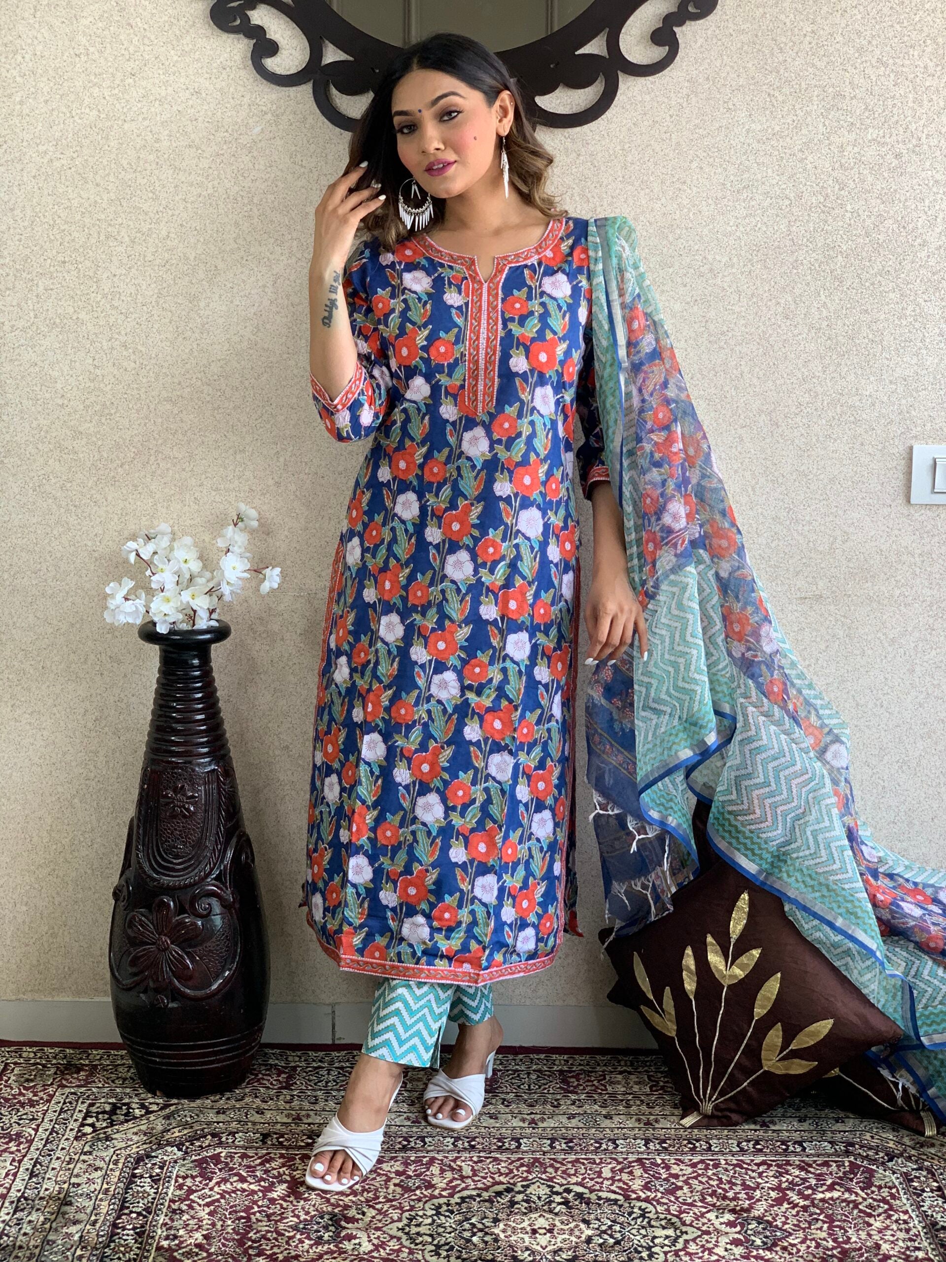 Flower Print Cotton Kurta Pant with Dupatta