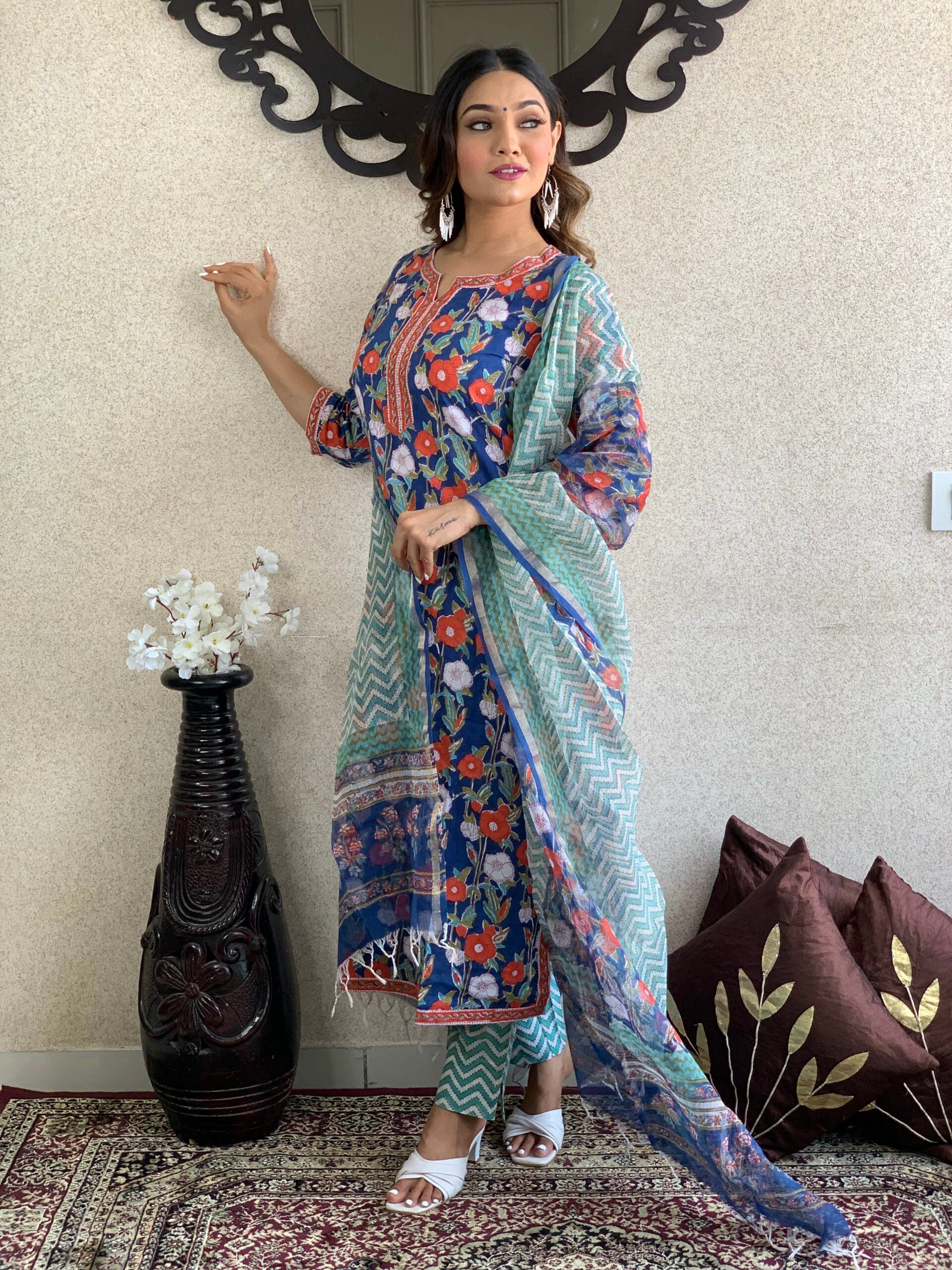 Flower Print Cotton Kurta Pant with Dupatta