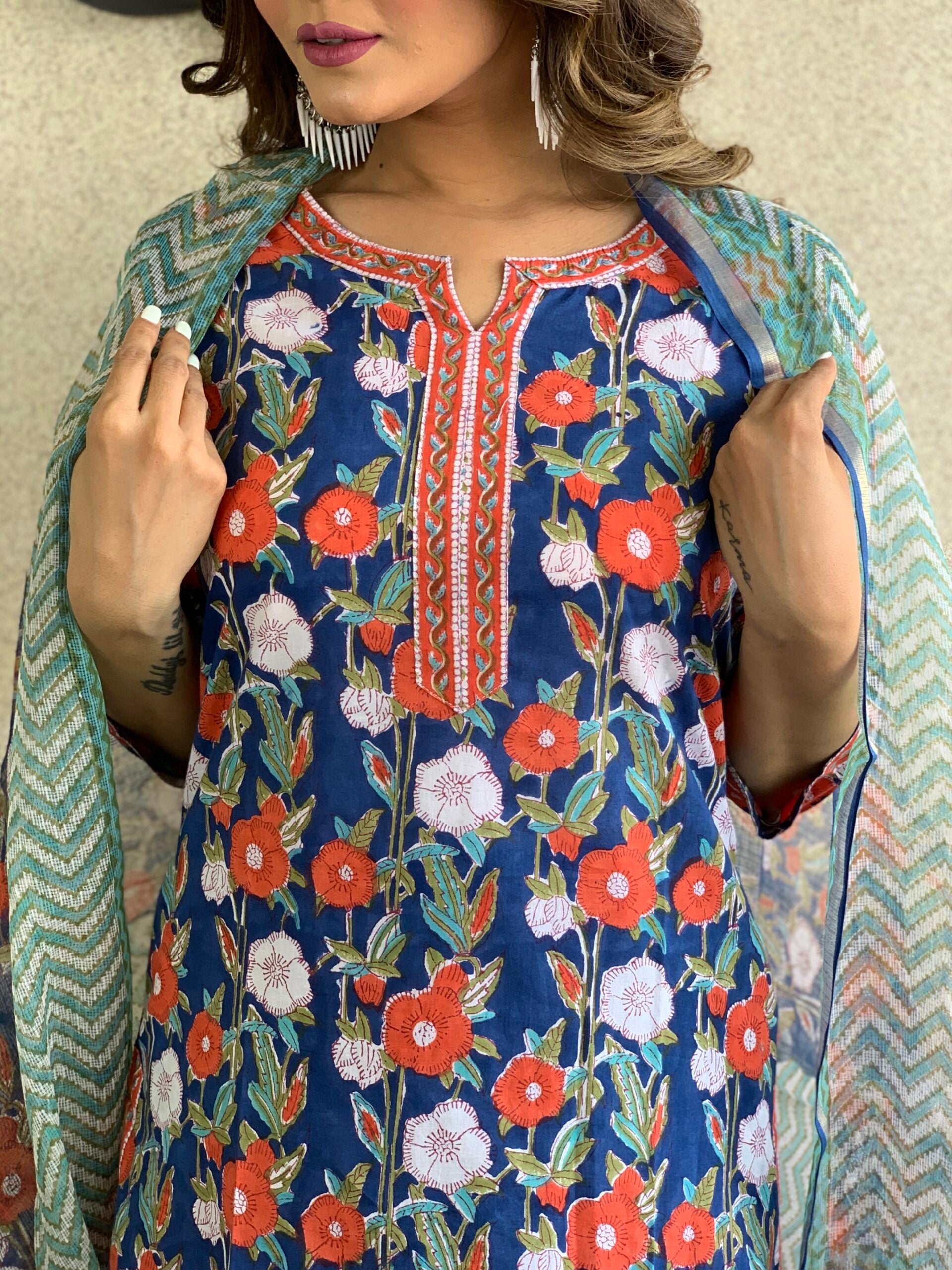 Flower Print Cotton Kurta Pant with Dupatta