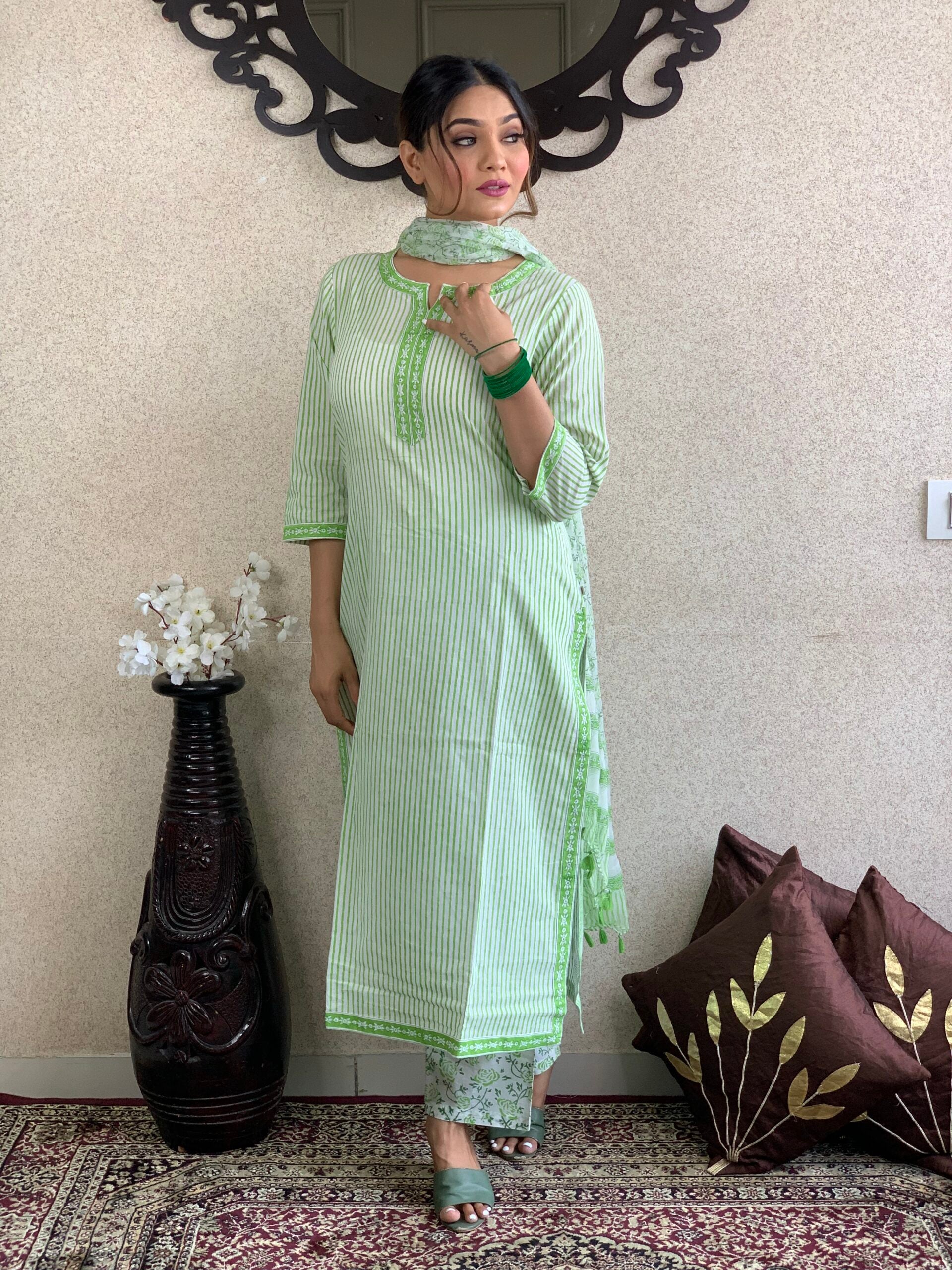 Green Stripe Cotton Kurta Pant with Dupatta