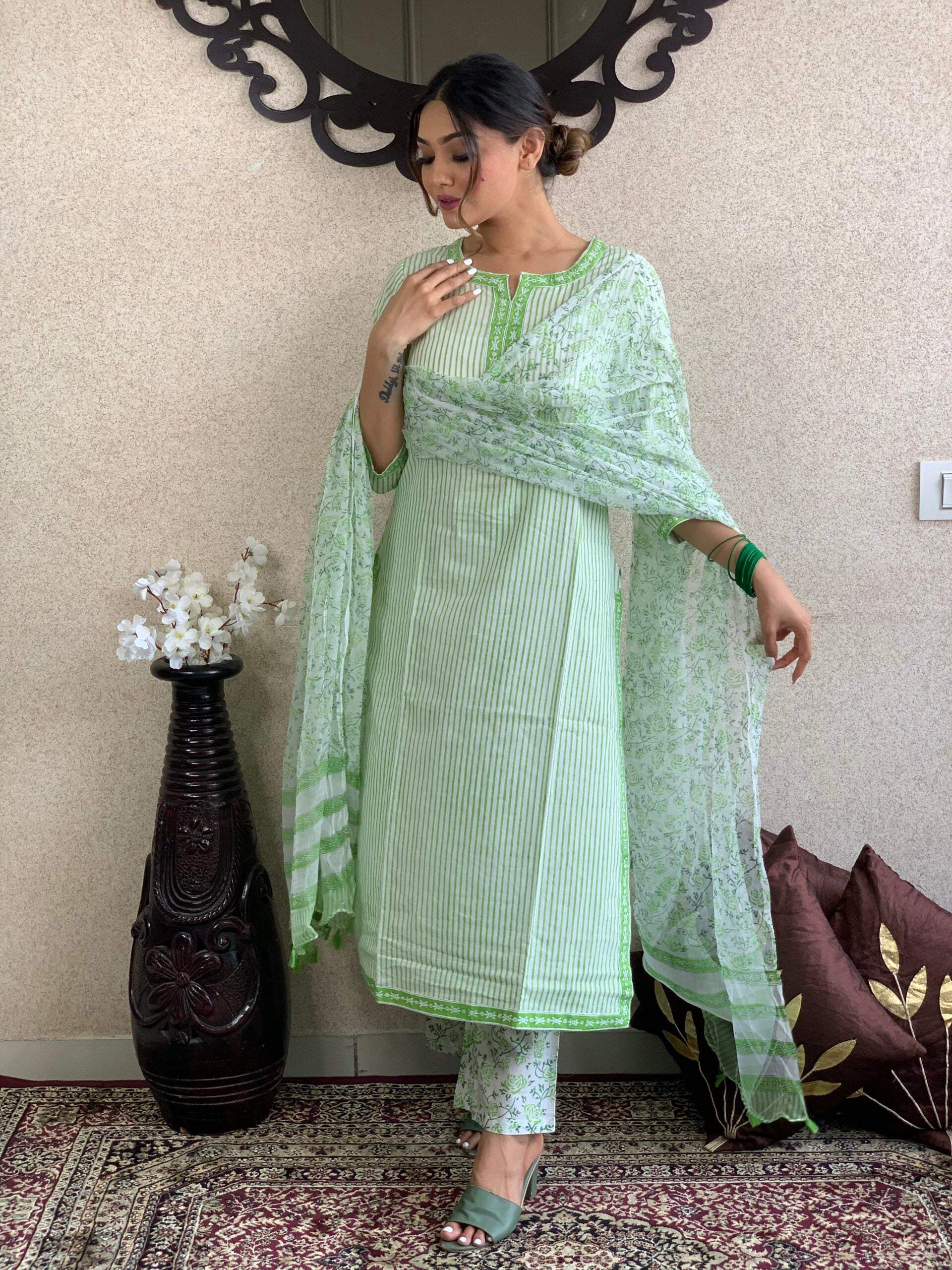 Green Stripe Cotton Kurta Pant with Dupatta