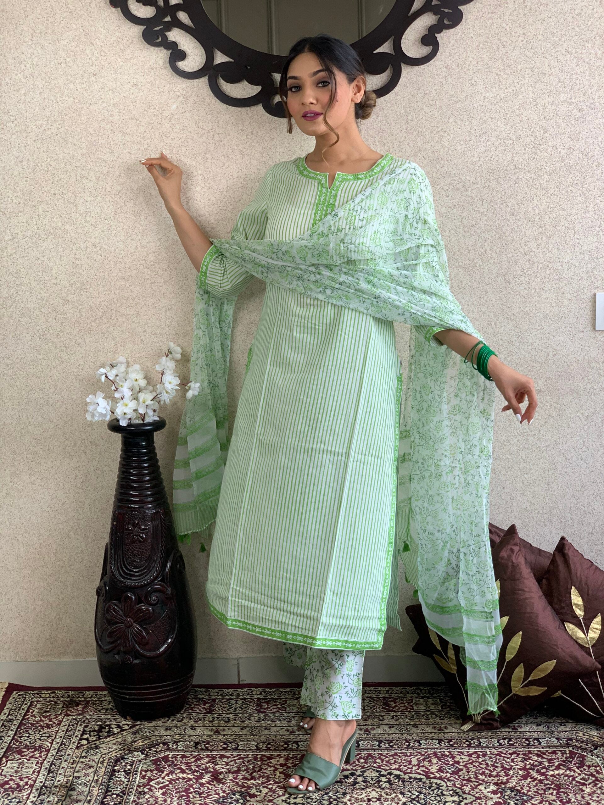 Green Stripe Cotton Kurta Pant with Dupatta