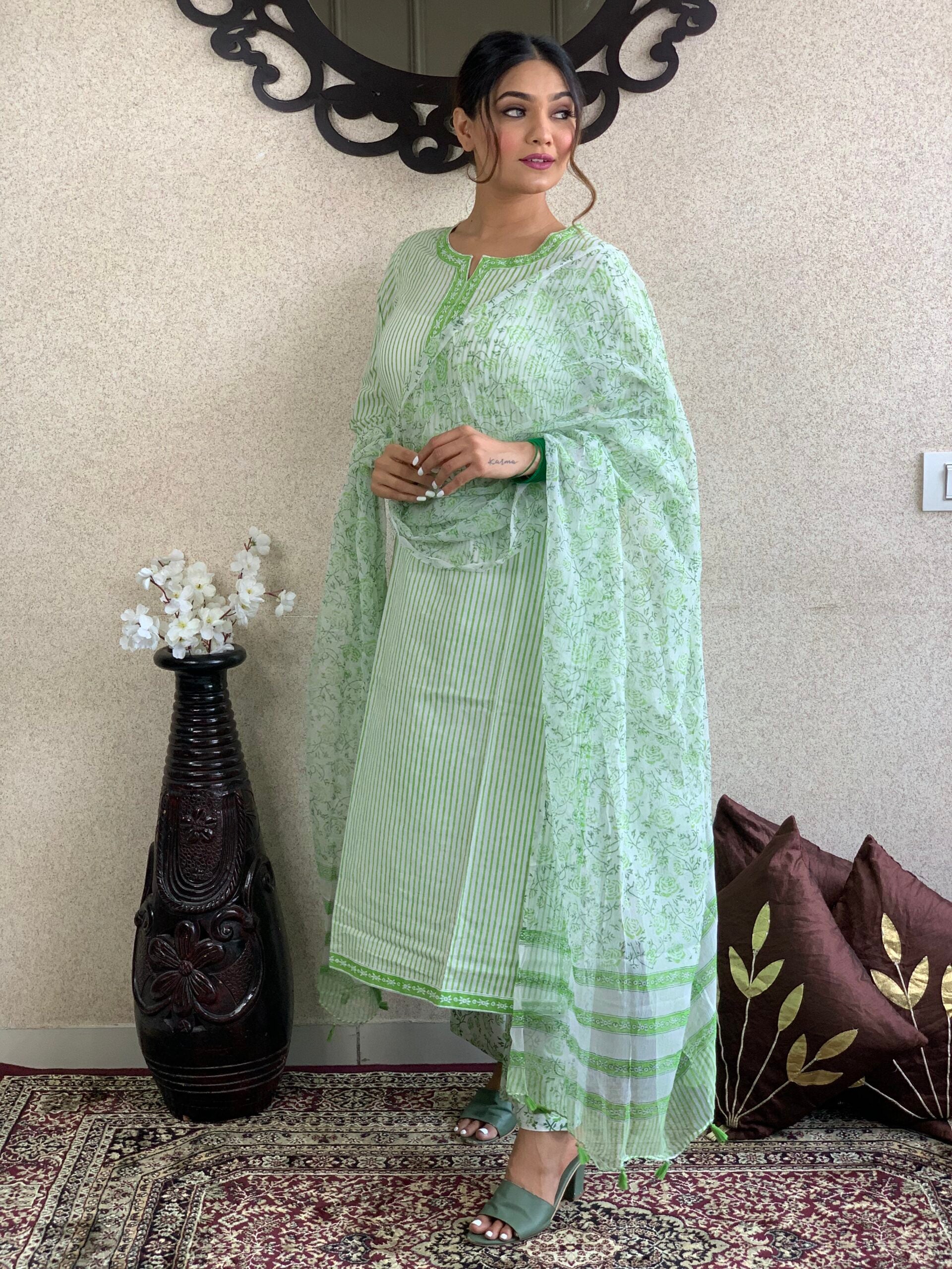 Green Stripe Cotton Kurta Pant with Dupatta