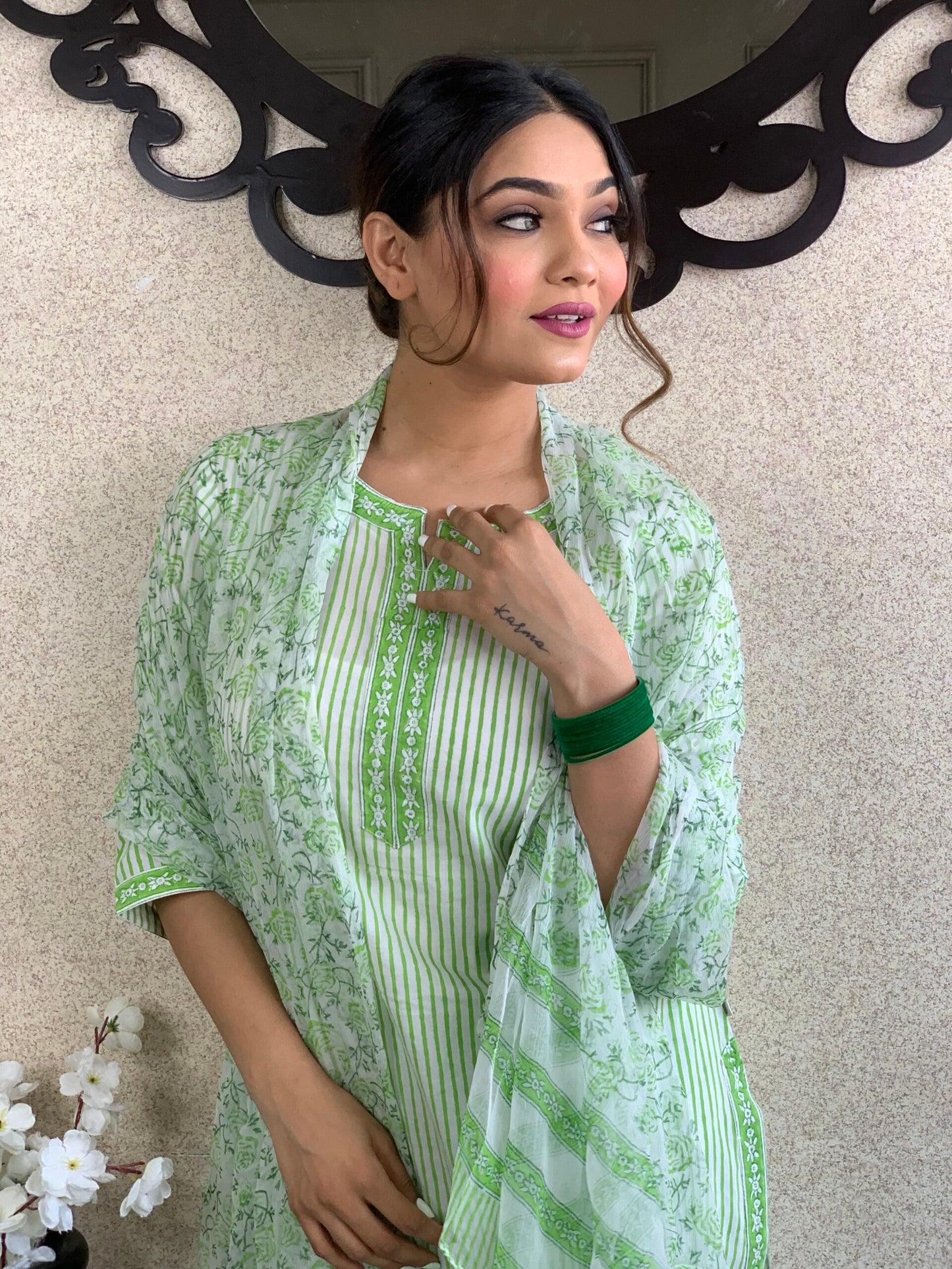 Green Cotton Dupatta Set