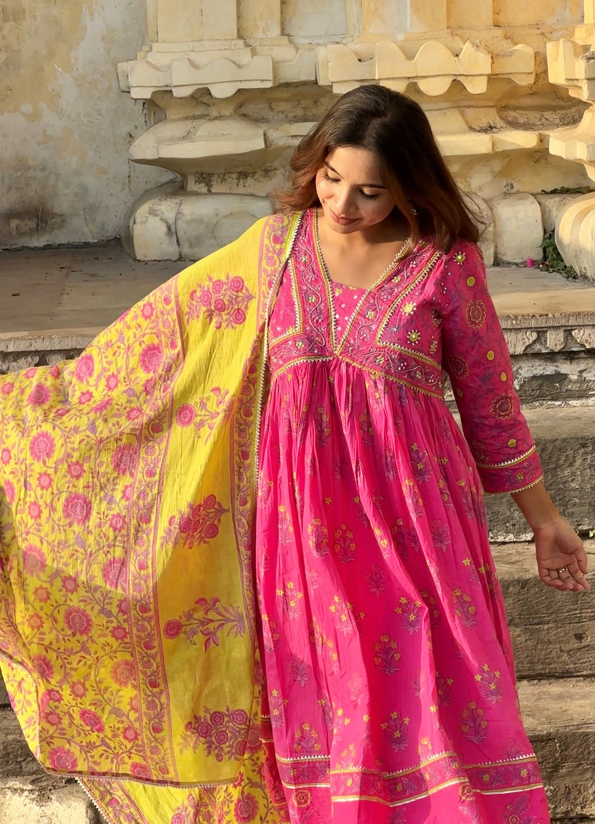 Blush Pink Handblock Anarkali Kurta Pant with Dupatta