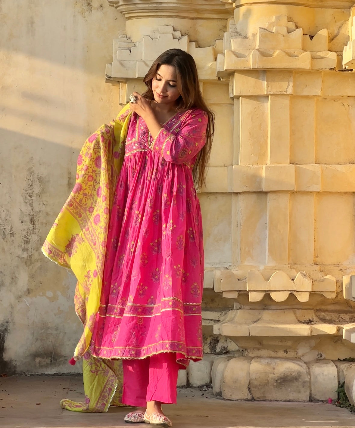 Blush Pink Handblock Anarkali Kurta Pant with Dupatta