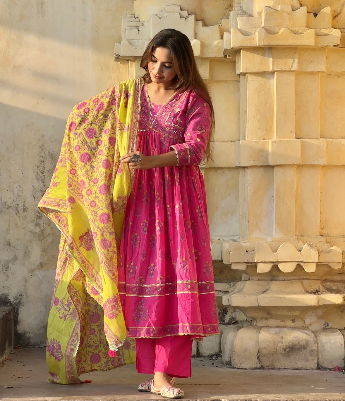 Blush Pink Handblock Anarkali Kurta Pant with Dupatta