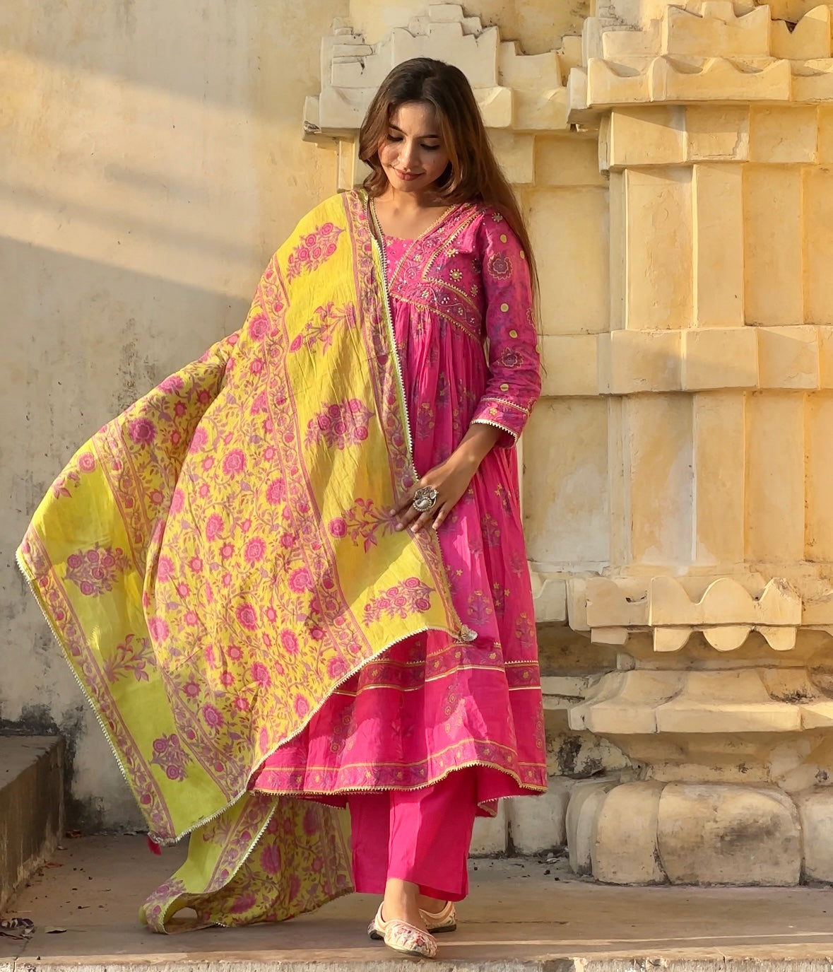 Blush Pink Handblock Anarkali Kurta Pant with Dupatta