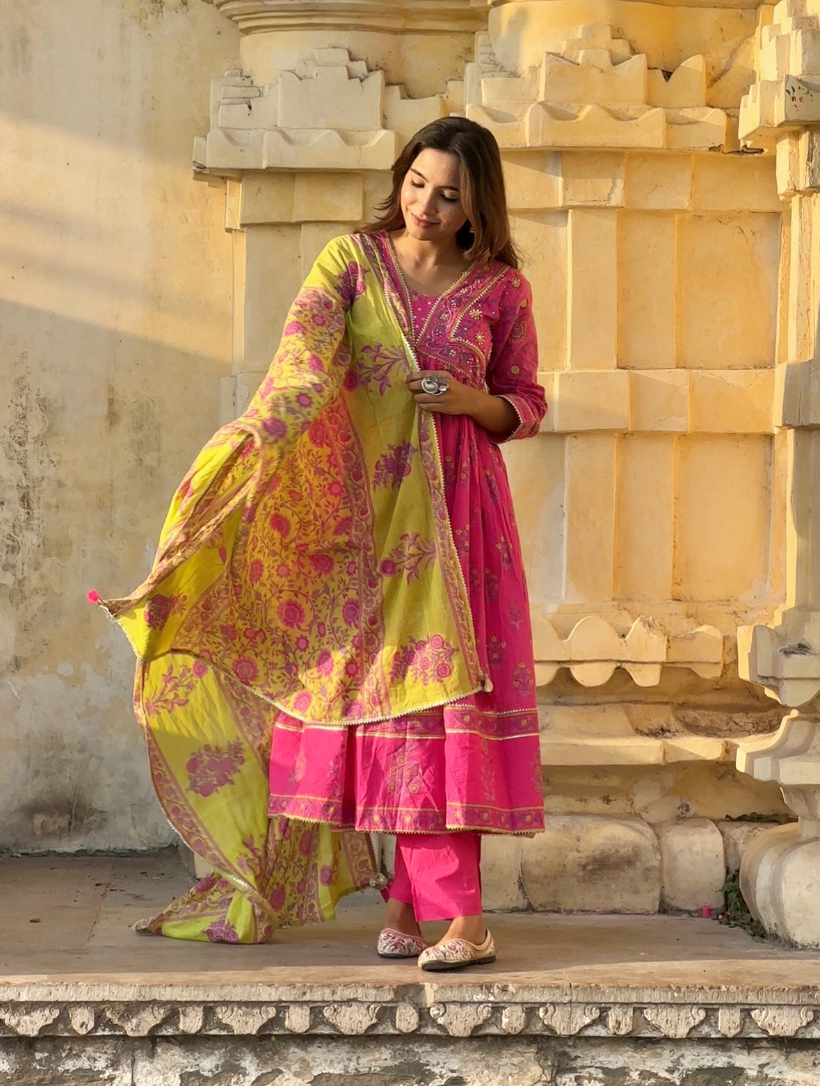 Pink Floral Kurta Pant with Dupatta set