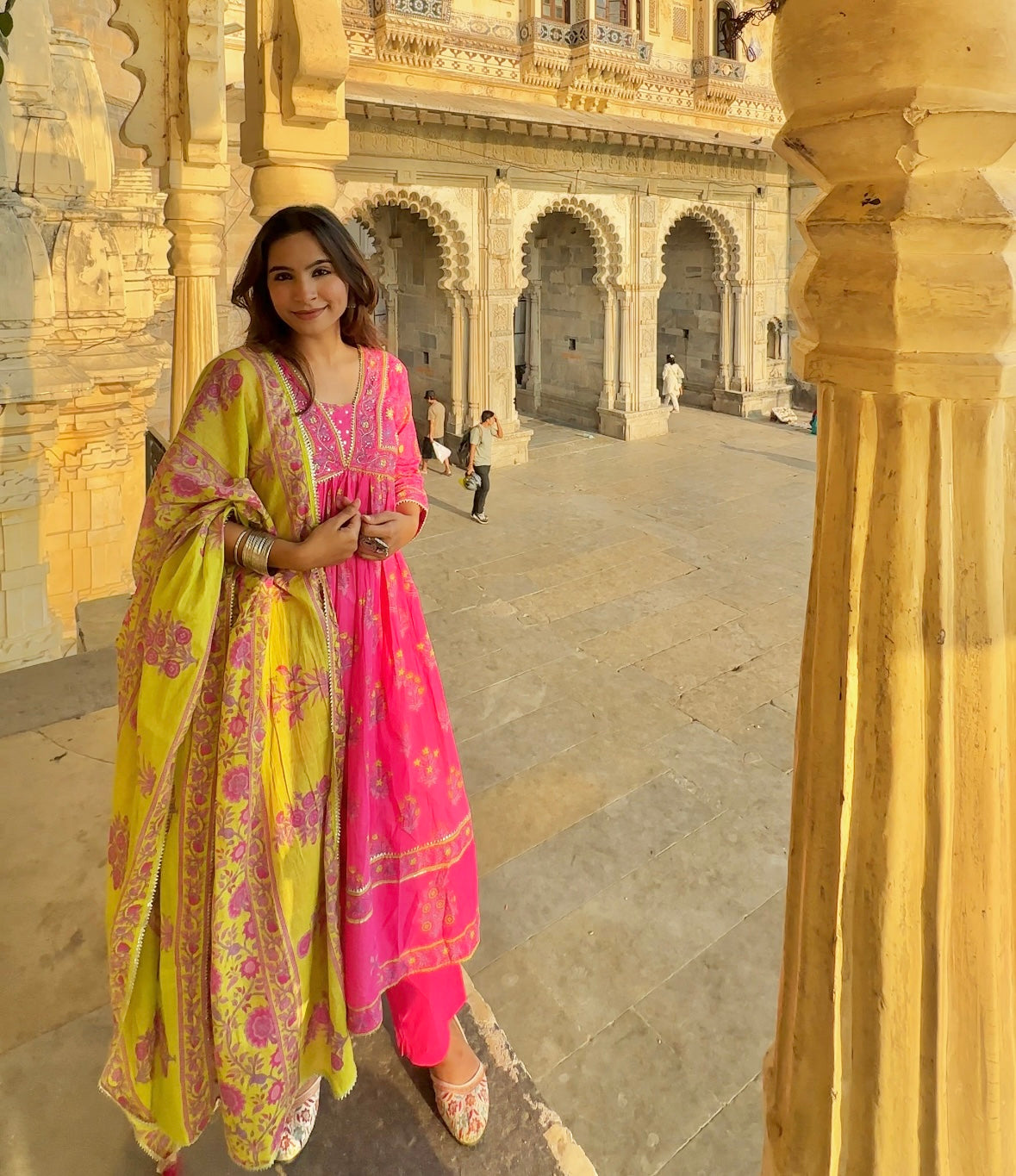 Blush Pink Handblock Anarkali Kurta Pant with Dupatta