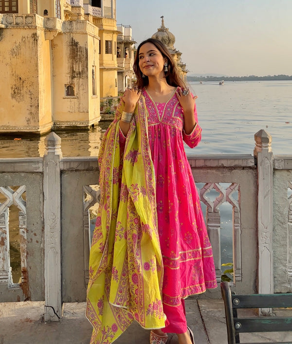 Pink Anarkali Dupatta Set