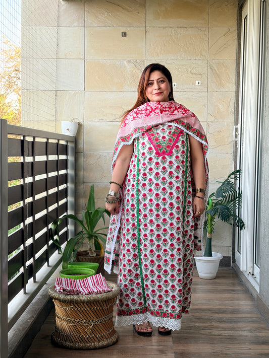 Pink Floral Handblock Unstiched Suit Set
