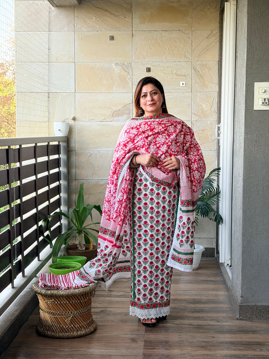 Pink Floral Handblock Unstiched Suit Set