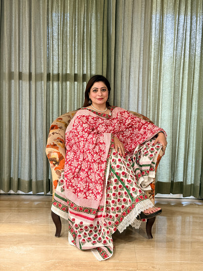 Pink Floral Handblock Unstiched Suit Set
