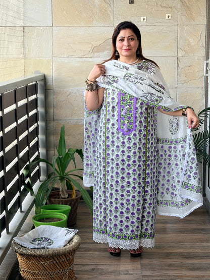 White Floral Handblock Unstiched Suit Set
