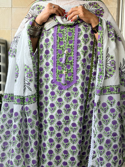 White Floral Handblock Unstiched Suit Set