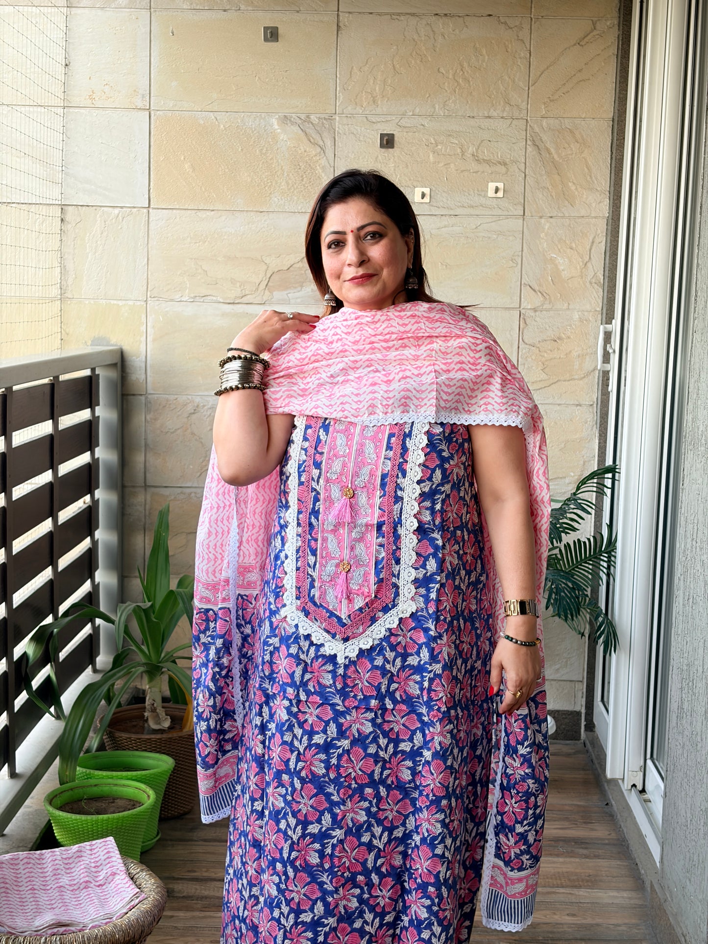 Blue Floral Handblock Unstiched Suit Set