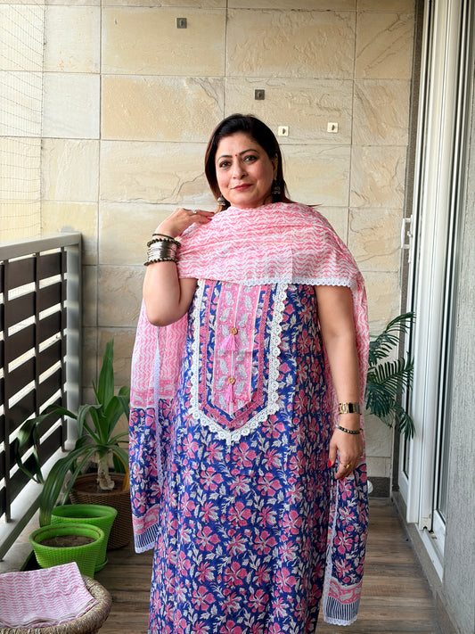 Blue Floral Handblock Unstiched Suit Set