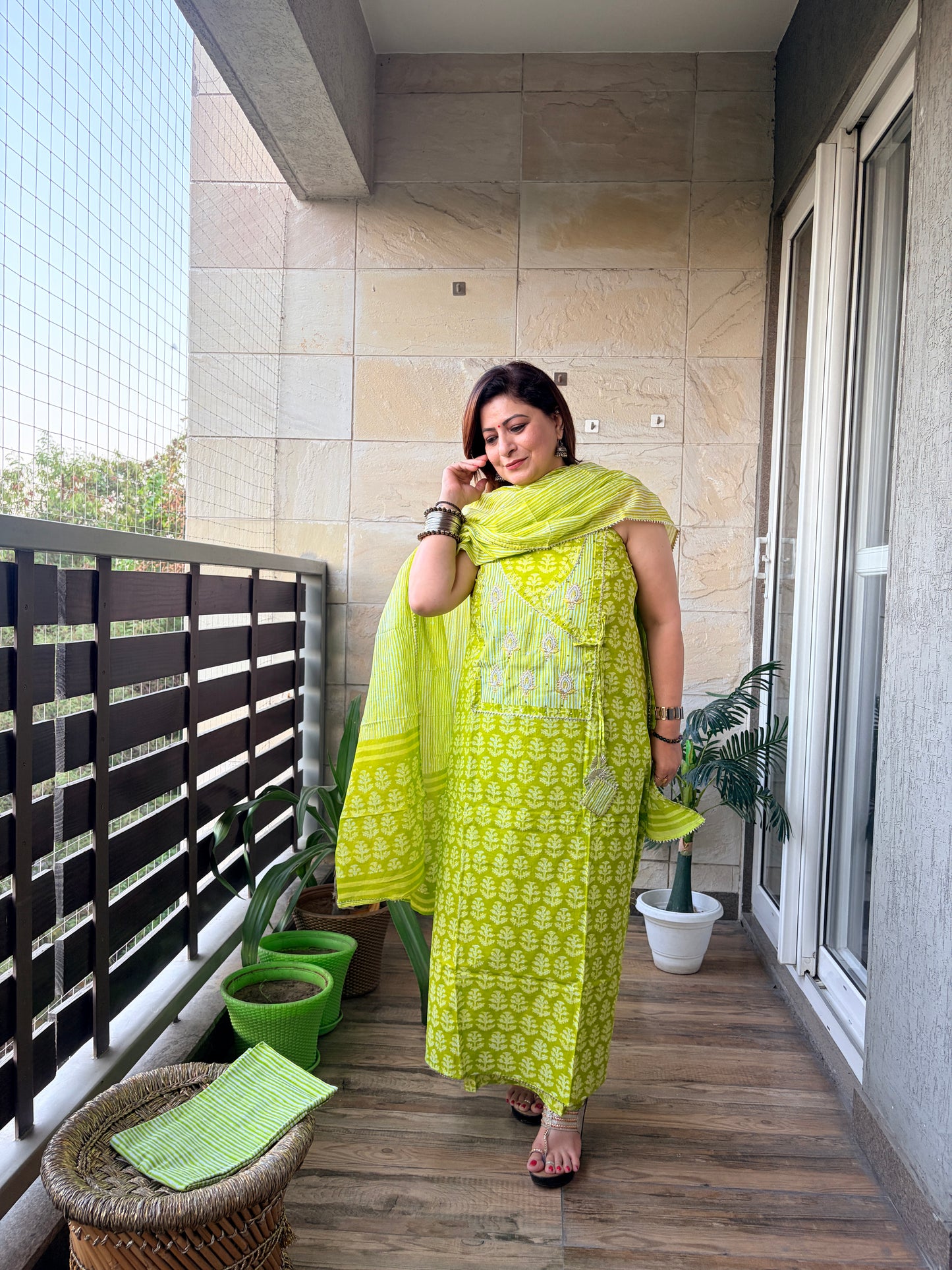 Lime Green Handblock Unstitched Suit Set