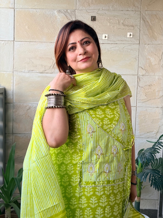 Lime Green Handblock Unstitched Suit Set