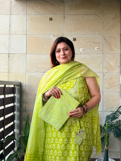 Lime Green Handblock Unstitched Suit Set