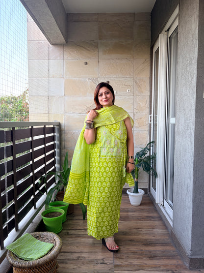 Lime Green Handblock Unstitched Suit Set