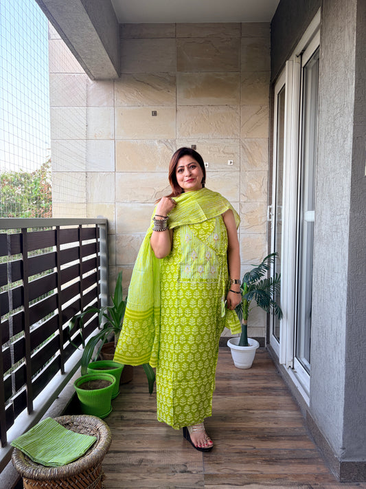 Lime Green Handblock Unstitched Suit Set