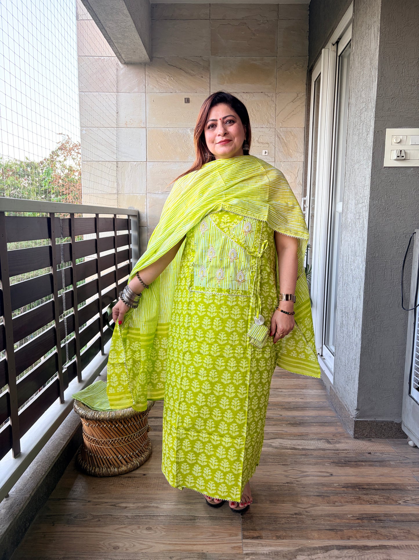 Lime Green Handblock Unstitched Suit Set
