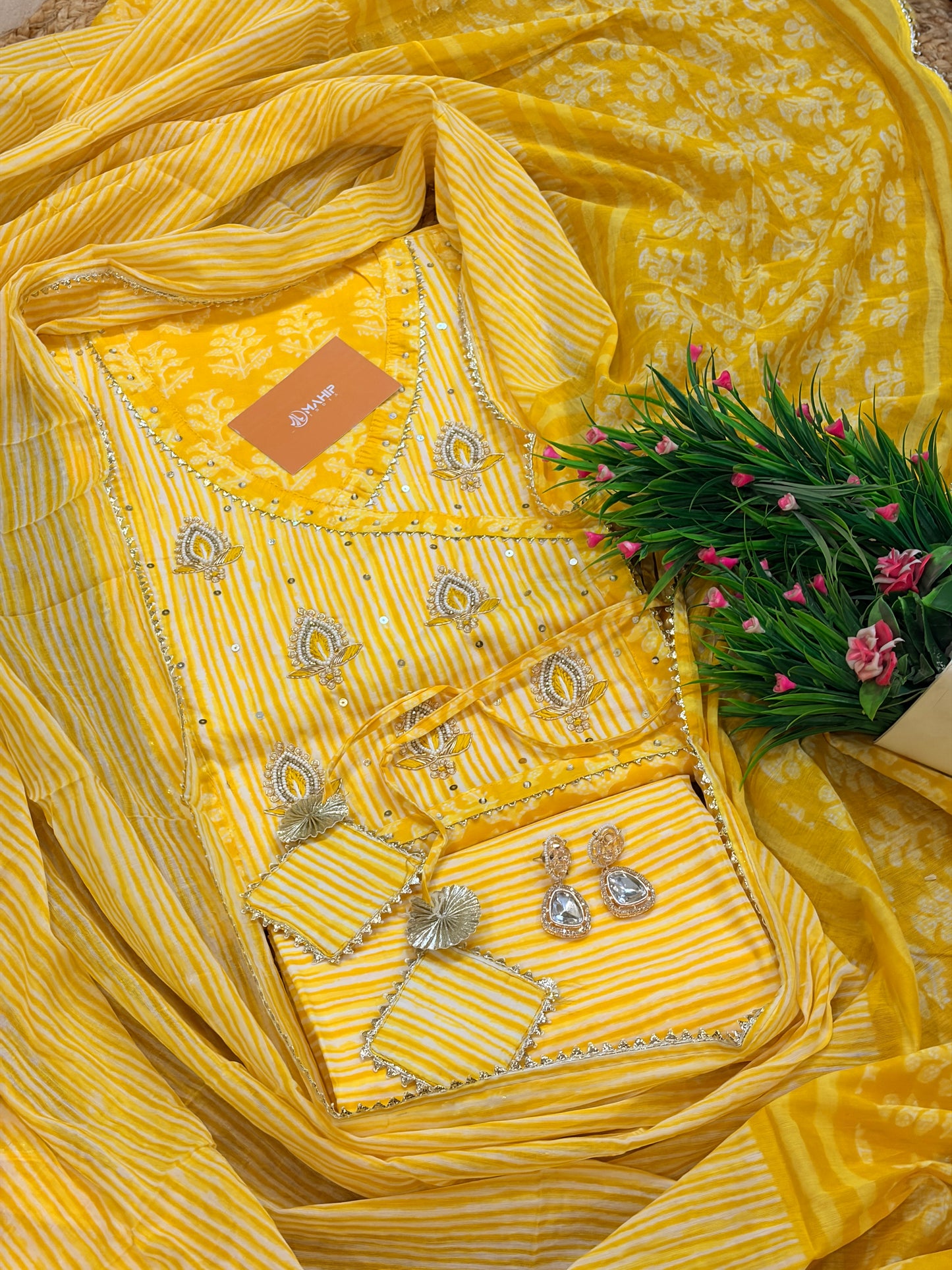 Yellow Handblock Unstitched Suit Set