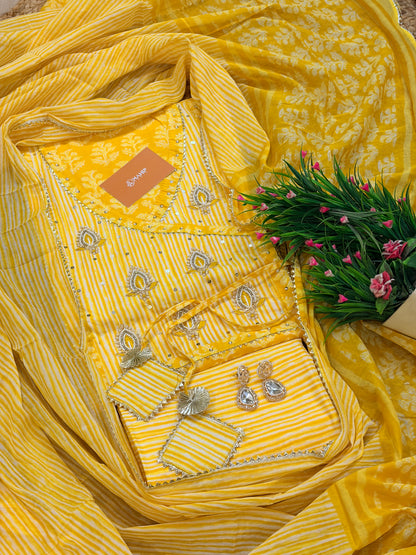 Yellow Handblock Unstitched Suit Set