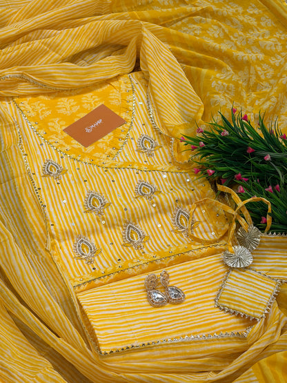 Yellow Handblock Unstitched Suit Set
