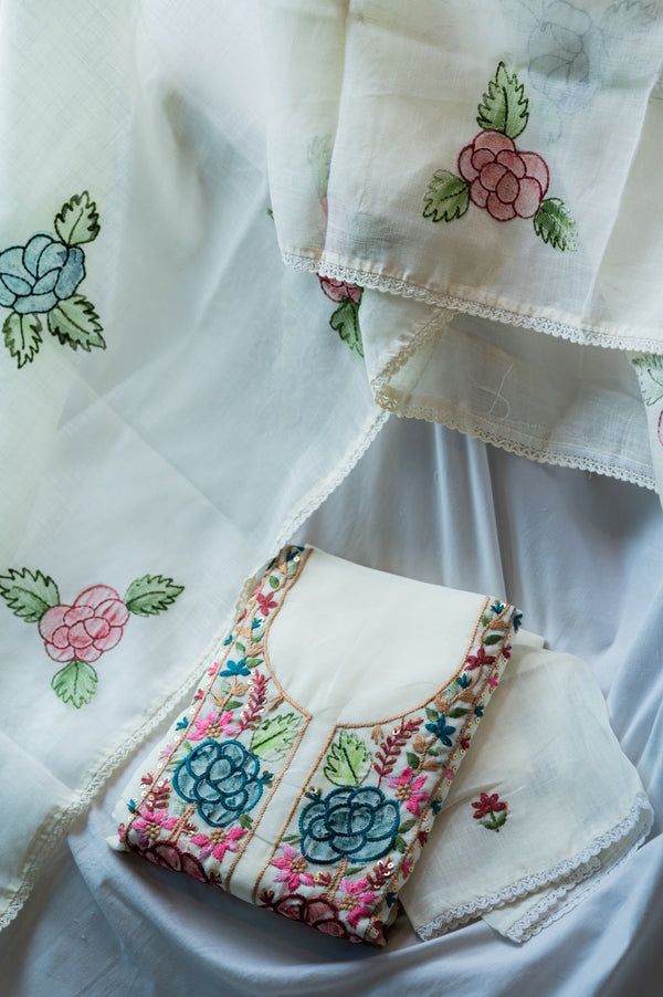 White Linen Katha Work Suit Set