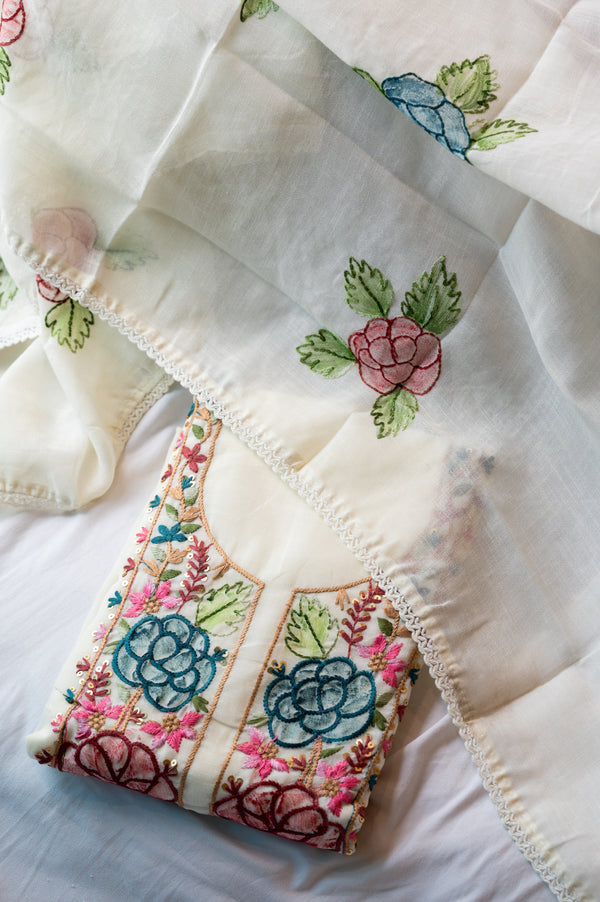 White Linen Katha Work Suit Set