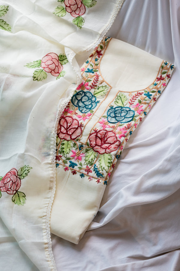 White Linen Katha Work Suit Set