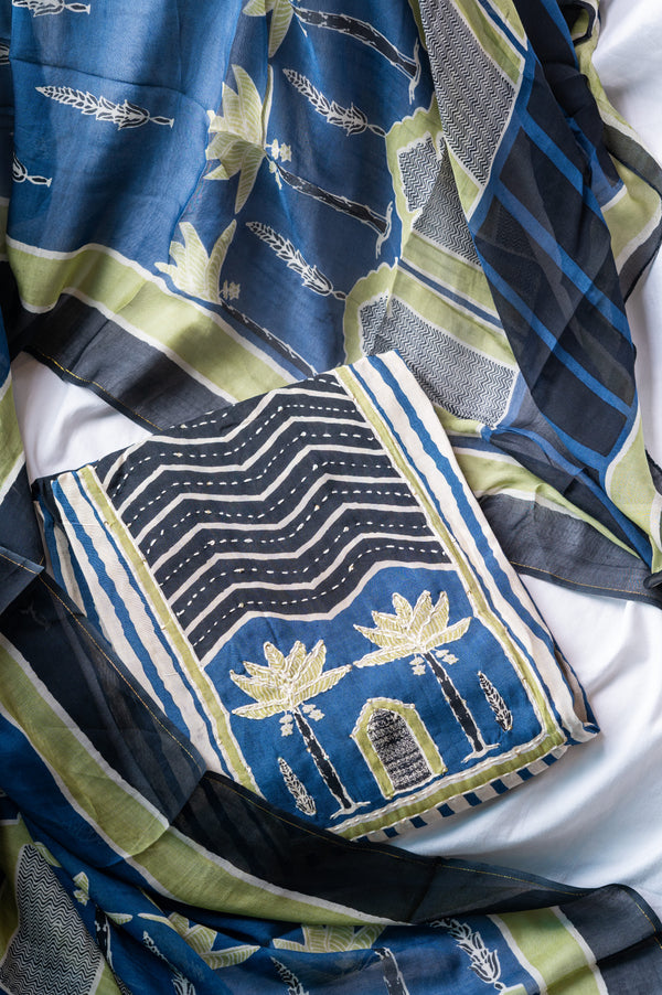 Blue Muslin Thread Work Suit Set