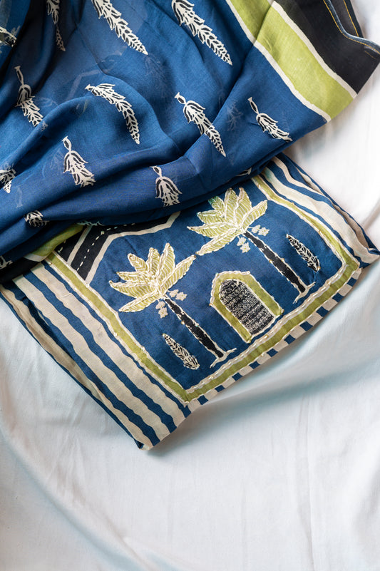 Blue Muslin Thread Work Suit Set