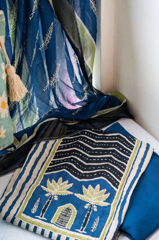 Blue Muslin Thread Work Suit Set