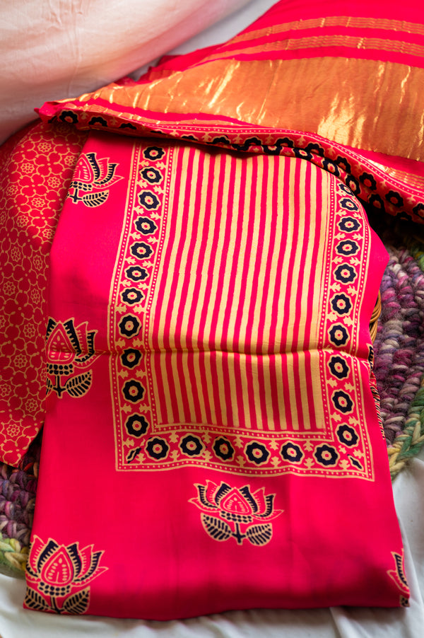 Pink Modal Silk Ajarakh Suit Set