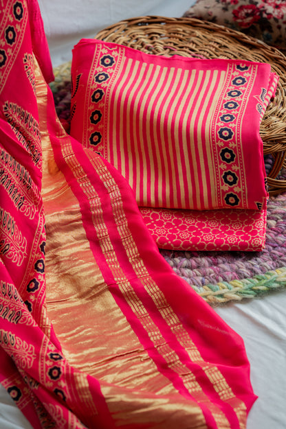 Pink Modal Silk Ajarakh Suit Set