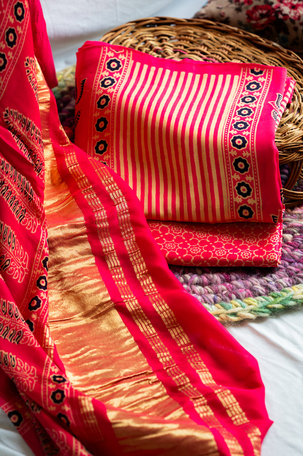 Pink Modal Silk Ajarakh Suit Set