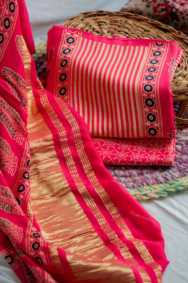 Pink Modal Silk Ajarakh Suit Set
