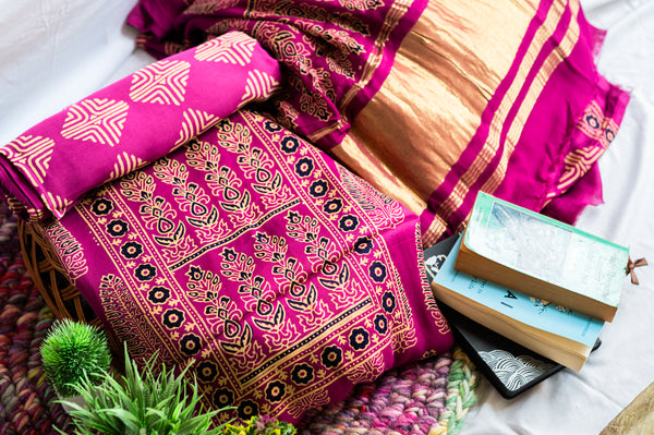 Magenta Modal Silk Ajarakh Suit Set