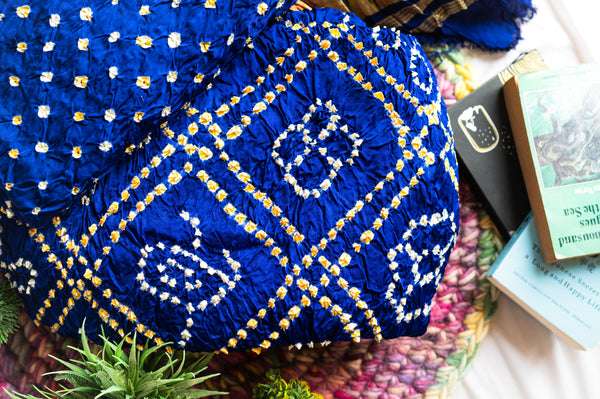 Blue Modal Silk Handmade Bhandhej Suit Set